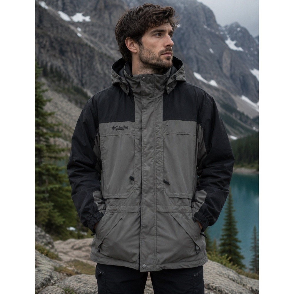 Columbia Core Basique Interchange Jacket Mens Large Gray Black Hooded Coat